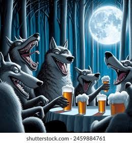 A wolf howling at a full moon over a mountain ridge